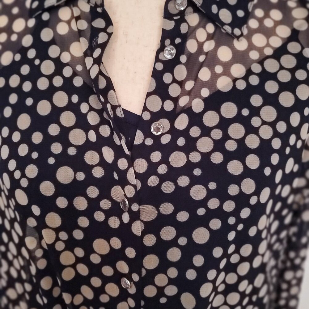 INC Button Up Long Sleeved Navy Blue Blouse Lt Tan Polk A Dots Sz M